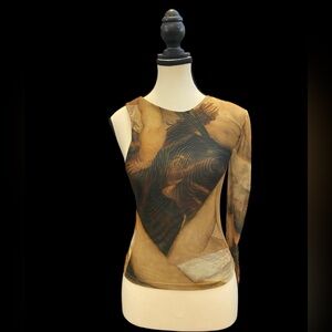 Zara Venus & Love print double mesh asymmetrical top brown & tan EUC size S